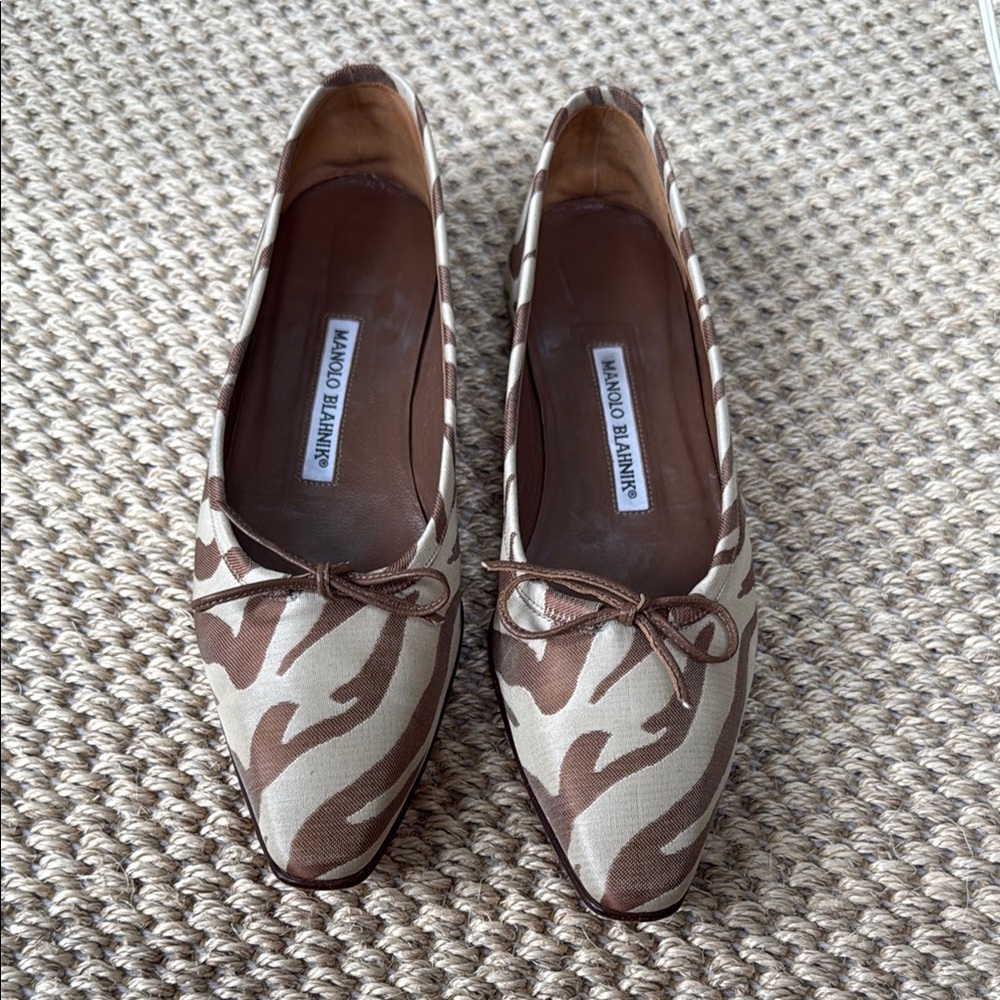 Manolo Blahnik Brown and Cream Satin Zebra Flats